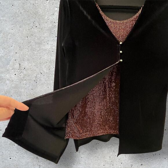 Impressions Womens Top Medium Black Velvet Twofer Long Sleeve Metallic Stretch - Picture 4 of 7